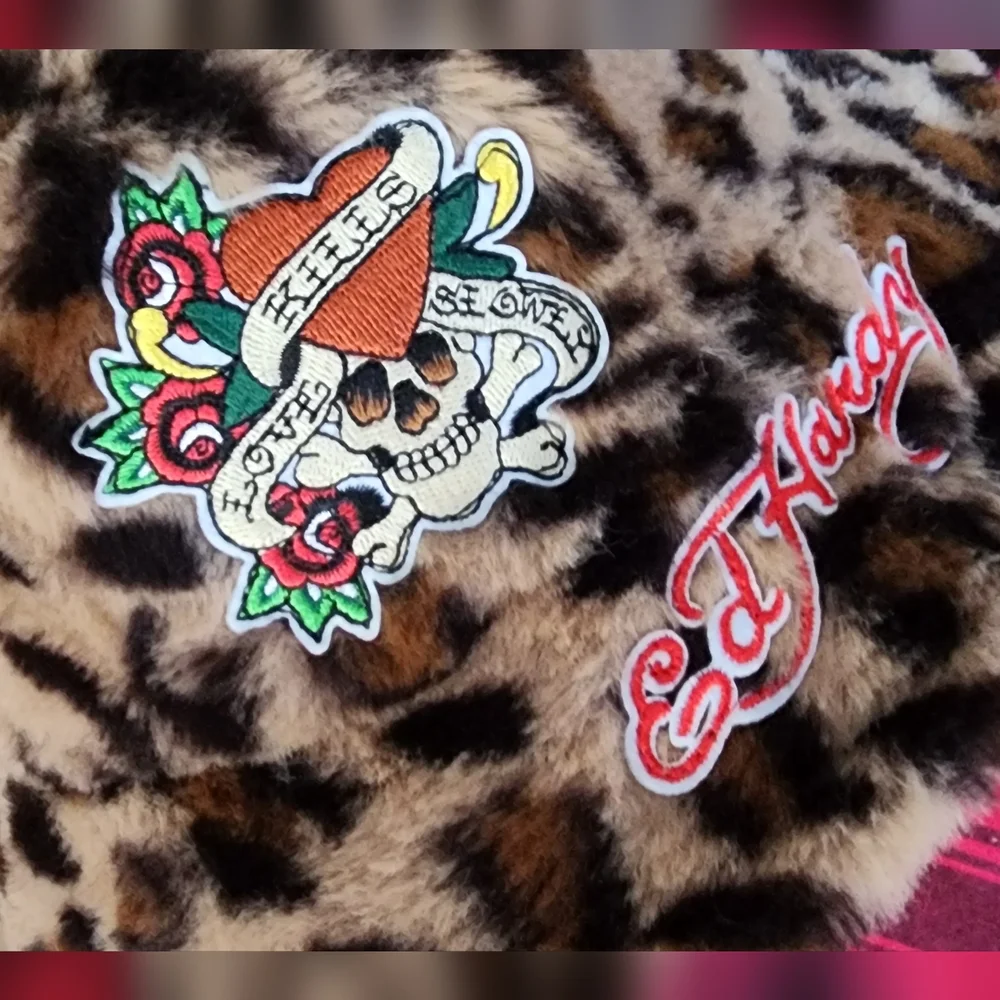 Ed Hardy Leopard‎ Faux Fur Bucket Hat Skull Roses Y2K Tattoo One Size